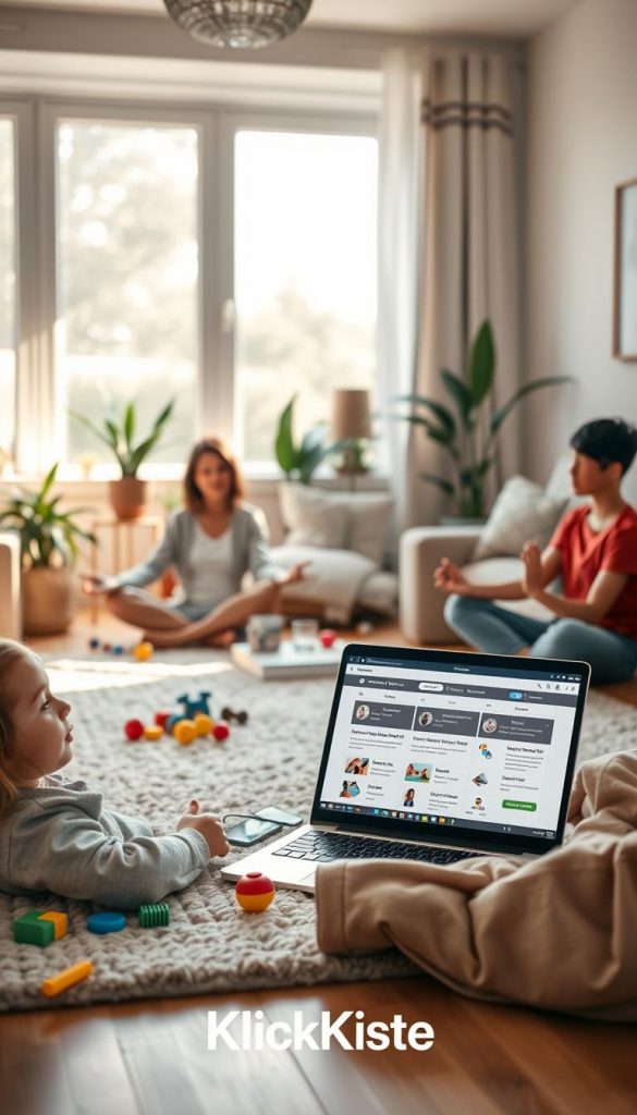 A serene, well-organized family living room featuring a diverse family engaged in activities that promote digital balance and mindfulness. In the foreground, a child is relaxed on a cozy rug, surrounded by colorful educational toys, while a parent meditates nearby, exuding a sense of calm. In the middle, a laptop is open displaying a family-friendly activity schedule, symbolizing digital engagement with intent. The background features warm lighting filtering through large windows, casting soft shadows, and potted plants that enhance the inviting atmosphere. The overall composition radiates a sense of harmony and connection, with a Pinterest-worthy aesthetic that feels authentic and inspiring. Include the brand name "KlickKiste" subtly in the scene, ensuring it blends naturally into the environment.