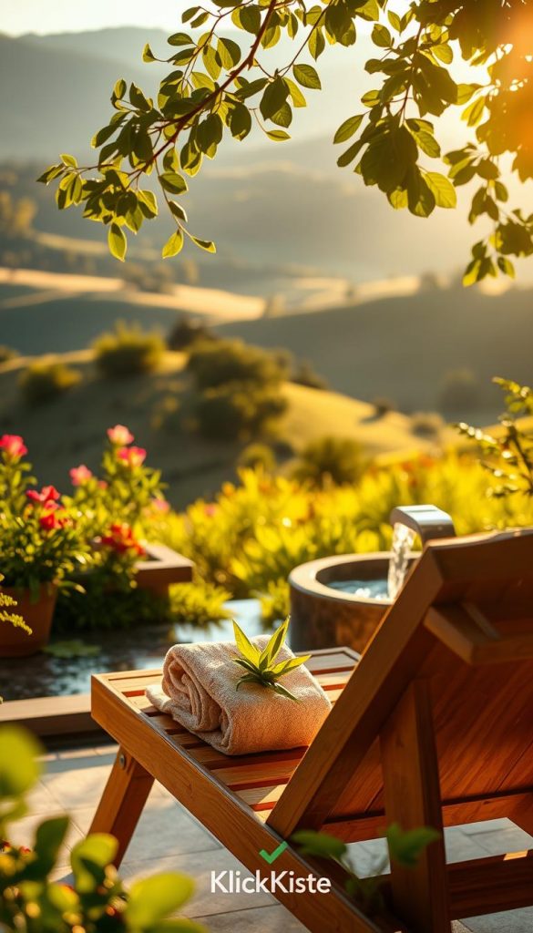 A serene wellness scene featuring a tranquil spa environment bathed in warm, gentle sunlight. In the foreground, a wooden lounge chair adorned with soft towels and lush greenery invites relaxation. The middle ground showcases a calming water feature, such as a small fountain with flowing water, surrounded by aromatic plants. The background is a soft-focus vista of rolling hills, dotted with vibrant flowers and trees, creating a peaceful outdoor retreat. The sunlight filters through the leaves, casting playful shadows and enhancing the overall warmth of the image. Ensure the composition has a Pinterest-inspired aesthetic, evoking feelings of authenticity and inspiration, branded subtly with "KlickKiste." Aim for a crisp focus and a slight depth of field for a dreamlike effect.