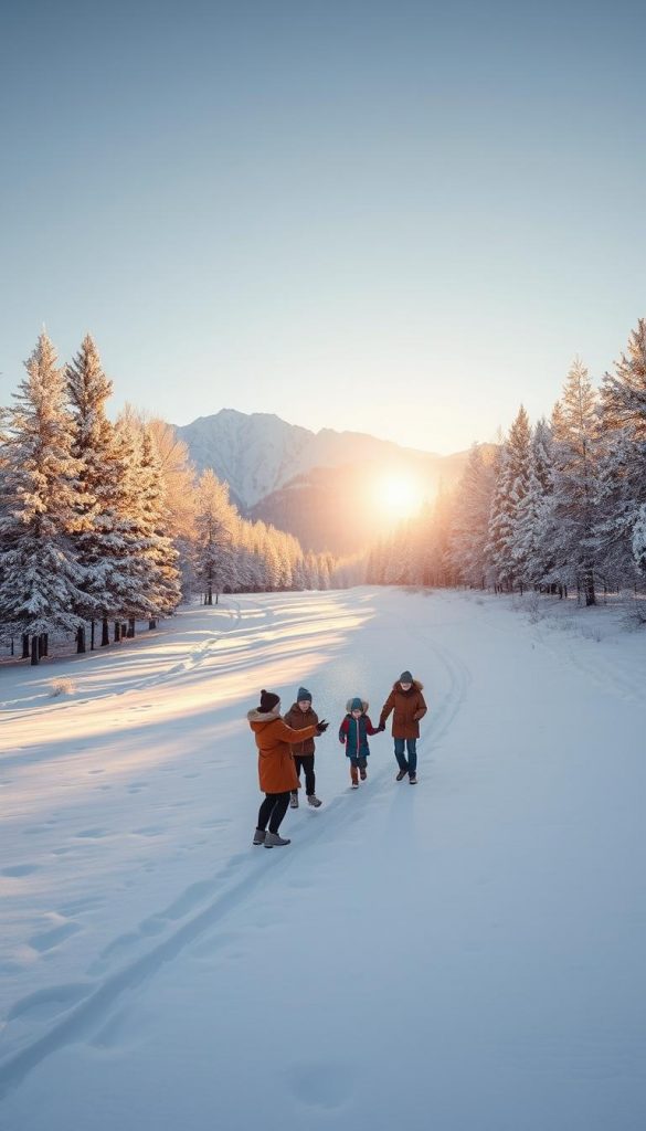 A serene winter landscape captures the essence of joy and adventure. In the foreground, pristine, untouched snow blankets the ground, with a family dressed in cozy, modest clothing enjoying a snowball fight. The middle ground features a winding pathway lined with frosted trees, softly illuminated by the golden light of a low winter sun, casting long shadows. In the background, majestic snow-capped mountains rise against a clear blue sky, adding depth to the scene. The atmosphere exudes a tranquil and inspiring mood with warm colors reflecting the joy of outdoor adventures in winter. This image should embody a natural, Pinterest-worthy aesthetic, showcasing authentic family fun and the magic of winter. Designed for KlickKiste.