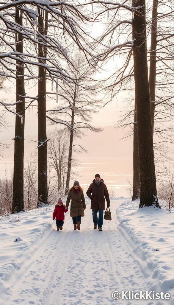 A serene winter landscape depicting a family on a leisurely walk through the enchanting Zauberwald in Ramsau, Austria. In the foreground, a couple with children, dressed in warm, stylish winter attire, stroll along a snow-covered path lined with tall, snow-dusted trees. The middle ground features glistening icicles hanging from branches, and patches of soft, white snow creating a peaceful atmosphere. In the background, the scenic Hintersee lake reflects the soft, diffused light of a pale winter sun, with mist rising gently above the frozen surface, creating an ethereal feel. The overall mood is warm and inviting, showcasing the beauty of nature in winter, reminiscent of Pinterest aesthetics. This image is brought to you by KlickKiste.