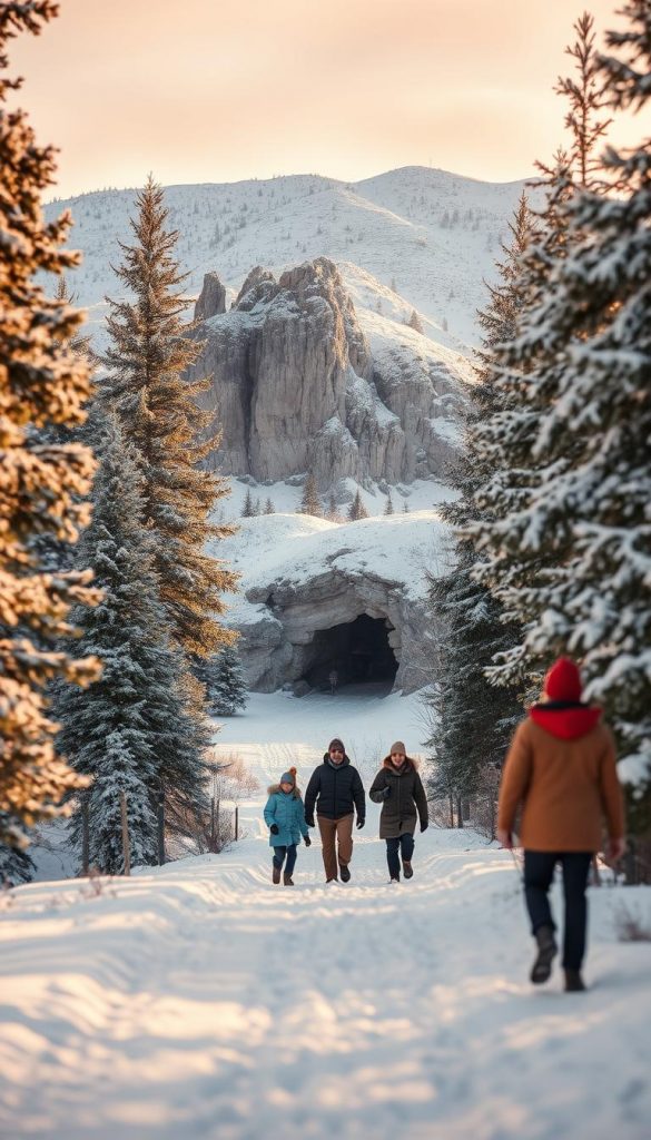 A serene winter landscape featuring Hirschsprung and Sturmannshöhle, beautifully capturing the essence of an adventurous family outing. In the foreground, a family in modest winter attire joyfully explores a snow-covered path, surrounded by tall, frosted pine trees. The middle layer showcases the impressive entrance of Sturmannshöhle, with its rugged rock formations shimmering under soft, warm sunlight. The background reveals rolling hills blanketed in pristine snow, suggesting a majestic mountain range. The atmosphere is inviting and heartwarming, evoking a sense of exploration and connection with nature. Warm colors enhance the authenticity of the scene, reminiscent of Pinterest aesthetics, ideal for the theme of winter family adventures. Captured with a wide-angle lens in gentle daylight, ensuring a vibrant and inspiring image by KlickKiste.
