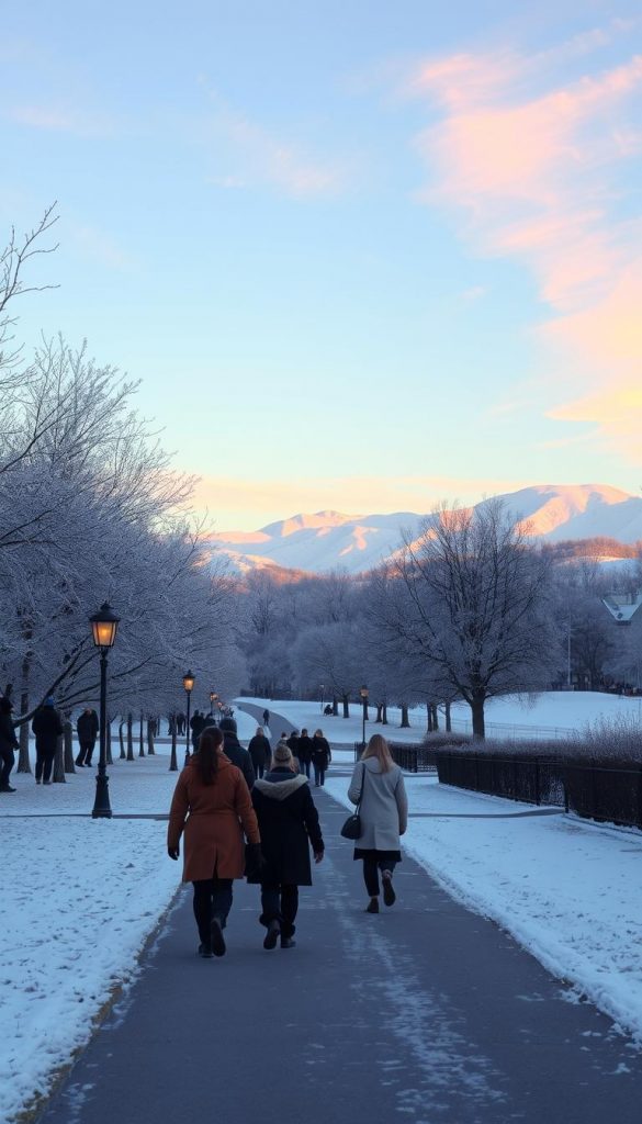 A serene winter landscape featuring a gently snow-covered park during the golden hour. In the foreground, a group of people dressed in cozy, modest winter attire strolls along a picturesque path, their breath visible in the cold air. The middle ground showcases frosted trees and softly lit lampposts, adding warmth to the scene. In the background, snow-capped hills rise majestically under a pale blue sky streaked with delicate pink and orange hues from the setting sun. The atmosphere is peaceful and inviting, embodying the essence of movement and light in winter. The overall composition should evoke feelings of warmth and inspiration, with a natural Pinterest aesthetic. This image is designed for KlickKiste, emphasizing the beauty of winter walks.