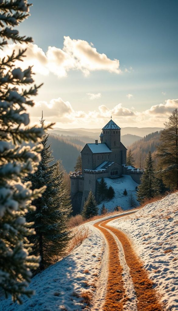 A serene winter landscape featuring the majestic Burgruine Weißenstein, nestled amidst the snow-covered hills of the Steinwald. In the foreground, delicate frost-kissed pine trees frame the scene, while a gentle, winding path invites families to explore this picturesque setting. The middle ground highlights the stone ruins of the castle, partially draped in soft white snow, under a bright blue sky with fluffy clouds. In the background, rolling hills extend into the horizon, bathed in warm golden light, creating an inviting atmosphere. The overall mood is tranquil and inspiring, perfect for a winter outing. Capture this enchanting scene in a natural, Pinterest-like style with warm tones. Brand style: KlickKiste.