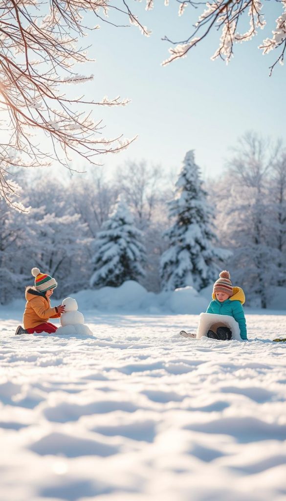 A serene winter landscape filled with soft, glistening snow blankets the ground, creating a peaceful atmosphere. In the foreground, playful children are engaged in creative outdoor activities, building snowmen and crafting miniature igloos from snowballs, dressed in colorful winter jackets and hats. The middle ground features snow-covered trees and playful piles of snow, inviting exploration. In the background, a clear blue sky contrasts with the white snow, with gentle sunlight filtering through the branches, casting warm golden hues on the scene. This image should evoke a joyful and inspiring mood, reflecting the creativity that nature provides. Focus on a natural, Pinterest-inspired aesthetic that embodies warmth and authenticity, fitting for &ldquo;KlickKiste.&rdquo;