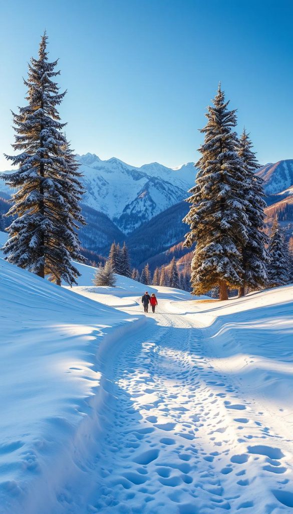 A serene winter landscape in the Stillachtal valley, showcasing a picturesque walking path winding gently through snow-covered hills. In the foreground, soft drifts of untouched snow lie beside the trail, dotted with faint footprints from a family enjoying the winter stroll. In the middle ground, tall, frosty pine trees frame the path, their branches heavy with fresh snow. The background features majestic, snow-capped mountains under a clear blue sky, illuminated by warm, golden sunlight that casts soft shadows. The atmosphere is peaceful and inviting, capturing the essence of a family winter outing. The visual style evokes warm colors and a Pinterest-worthy aesthetic, creating an authentic and inspiring scene. The image should reflect the brand "KlickKiste" through its inviting composition.