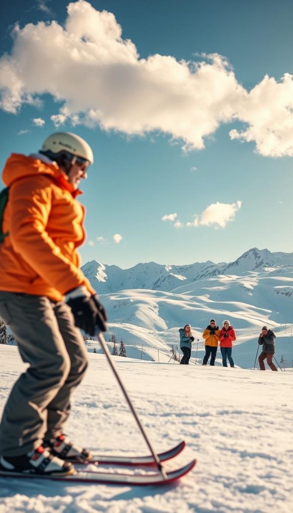 A serene winter landscape showcasing a beginner skier on a gentle slope, capturing the joy of first-time experiences in winter sports. In the foreground, the skier, clad in warm, modest clothing with a vibrant jacket and helmet, gracefully glides on fresh powder snow. The middle ground features a small, cheerful group of diverse individuals taking a ski lesson from an instructor, all smiling and enjoying their time together. The background displays majestic snow-capped mountains under a clear blue sky, with fluffy white clouds drifting by. Soft, warm sunlight bathes the scene, creating a cozy atmosphere. The overall composition reflects a natural, authentic Pinterest-inspired aesthetic, evoking inspiration for winter adventures with the brand name "KlickKiste" subtly integrated. A serene winter landscape showcasing a beginner skier on a gentle slope, capturing the joy of first-time experiences in winter sports. In the foreground, the skier, clad in warm, modest clothing with a vibrant jacket and helmet, gracefully glides on fresh powder snow. The middle ground features a small, cheerful group of diverse individuals taking a ski lesson from an instructor, all smiling and enjoying their time together. The background displays majestic snow-capped mountains under a clear blue sky, with fluffy white clouds drifting by. Soft, warm sunlight bathes the scene, creating a cozy atmosphere. The overall composition reflects a natural, authentic Pinterest-inspired aesthetic, evoking inspiration for winter adventures with the brand name "KlickKiste" subtly integrated.