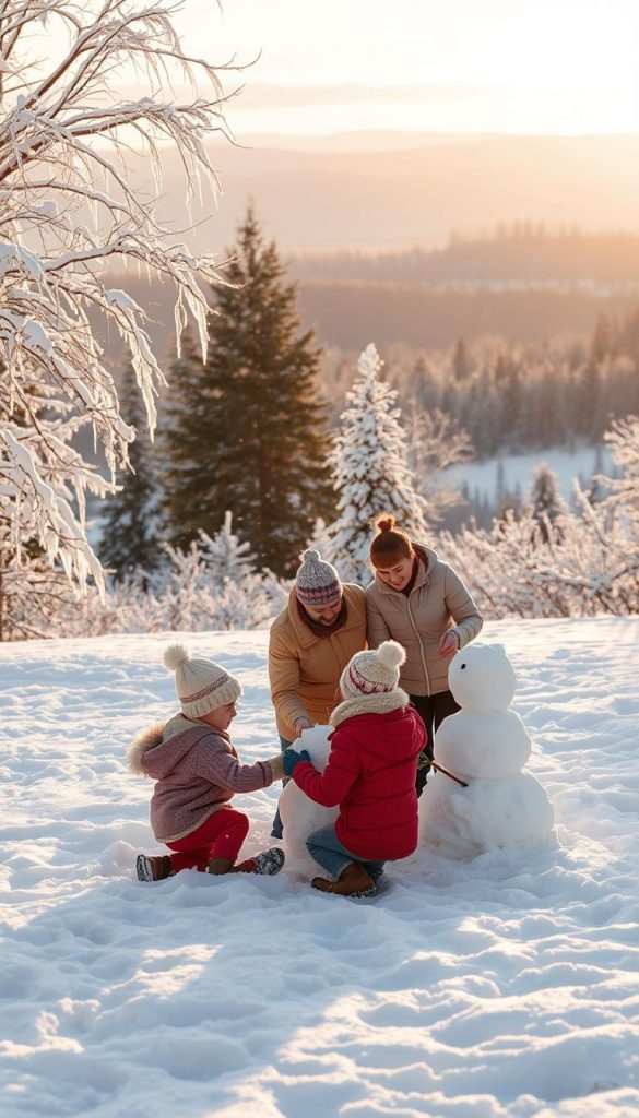 A serene winter landscape showcasing a family exploring nature in a snowy setting. In the foreground, children in cozy, warm clothing are playing in the snow, constructing a snowman with their parents, who are dressed in modest, casual winter attire. The middle ground features snow-covered trees with glistening icicles, and a soft, gently falling snow captures a magical winter atmosphere. In the background, distant hills roll under a soft, diffuse golden sunlight, filtering through a pale blue sky, creating a warm ambiance. The whole scene should evoke feelings of joy, wonder, and togetherness, emphasizing authentic family experiences in winter. This image embodies a Pinterest-inspired aesthetic, vibrant yet peaceful, reflective of the natural beauty of winter, branded subtly with "KlickKiste" in the atmosphere.