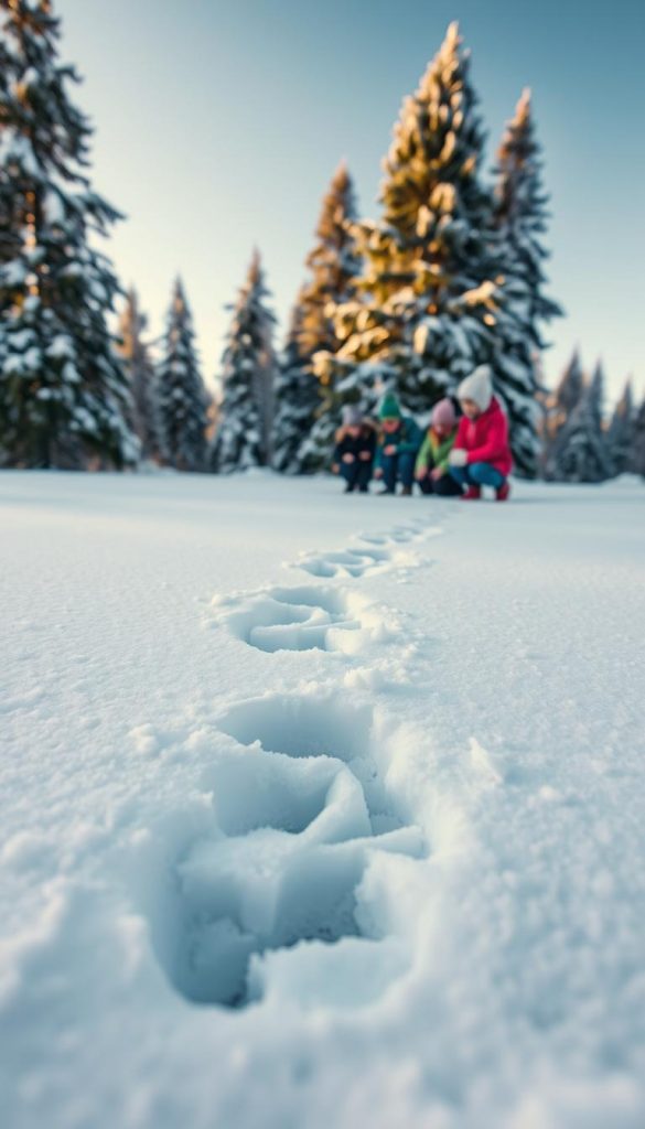 A serene winter landscape showcasing fresh animal tracks in soft, powdery snow. In the foreground, detailed tracks of a small deer winding through the untouched white blanket, capturing the curiosity of children. The middle ground features a group of children, bundled in colorful winter gear, kneeling and observing the tracks with fascination, highlighting their sense of wonder and exploration. In the background, tall, majestic pine trees dusted with snow under a clear blue sky. The scene is bathed in soft, warm sunlight, creating a cozy atmosphere that invites outdoor learning. This inspirational image reflects the joy of discovering nature in winter, perfect for a natural, Pinterest-style aesthetic by KlickKiste. A serene winter landscape showcasing fresh animal tracks in soft, powdery snow. In the foreground, detailed tracks of a small deer winding through the untouched white blanket, capturing the curiosity of children. The middle ground features a group of children, bundled in colorful winter gear, kneeling and observing the tracks with fascination, highlighting their sense of wonder and exploration. In the background, tall, majestic pine trees dusted with snow under a clear blue sky. The scene is bathed in soft, warm sunlight, creating a cozy atmosphere that invites outdoor learning. This inspirational image reflects the joy of discovering nature in winter, perfect for a natural, Pinterest-style aesthetic by KlickKiste.