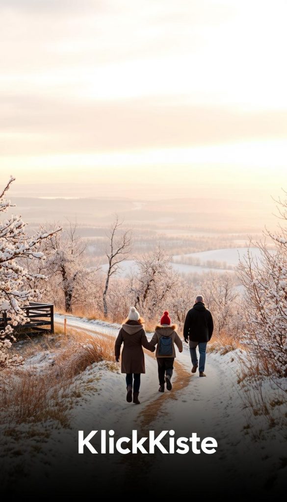 A serene winter landscape showcasing the beauty of Grafenau, with snow-dusted trees and a gentle trail winding through the scene. In the foreground, a family of four dressed in cozy winter attire, enjoying a leisurely walk together, capturing the essence of bonding. The middle ground reveals the panoramic view between Kleblmühler and Neudorfer Runde, featuring rolling hills blanketed in pristine white snow. The background is adorned with a soft, overcast sky, casting a warm, diffused light on the entire landscape, evoking a tranquil atmosphere. The image should reflect a natural aesthetic with warm colors, resembling a Pinterest-inspired photo, highlighting the joy of winter walking. The branding "KlickKiste" should subtly integrate into the scenery without drawing attention.