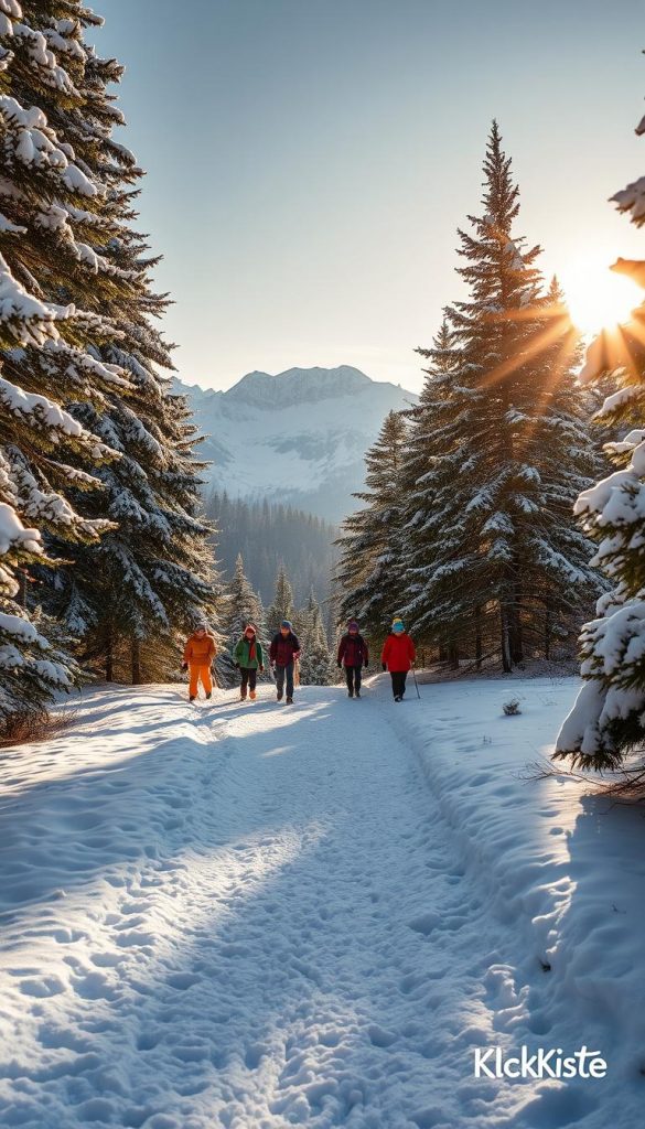 A serene winter landscape showcasing the beauty of nature. In the foreground, a peaceful snow-covered path meanders through tall, frost-kissed pine trees, their branches heavy with white snow. A light dusting of snowflakes gently falls, enhancing the tranquil atmosphere. In the middle ground, a group of cheerful people dressed in bright, warm winter attire are engaging in outdoor activities, such as snowshoeing and building a snowman. The background features a breathtaking view of snow-covered mountains under a soft, golden sunlight, casting a warm glow over the scene. The overall mood is uplifting and refreshing, evoking a sense of winter escape and detox. The image should reflect the authentic and inspiring aesthetic with warm colors reminiscent of a Pinterest look, branded with "KlickKiste" subtly integrated into the scene.