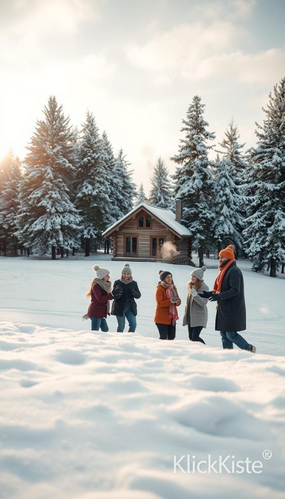 A serene winter landscape under a soft, golden afternoon sun, emphasizing the beauty of untouched snow. In the foreground, pristine snowflakes sparkle on a blanket of fresh snow. A group of people dressed in cozy, modest winter attire—such as knitted hats, scarves, and layered jackets—engages in a fun snowball fight. In the middle ground, a charming wooden cabin with smoke curling from its chimney adds warmth to the scene. Pine trees dusted with snow frame the background, standing tall against a pastel winter sky. The mood is joyful and inviting, capturing the essence of winter adventures. The image reflects a natural aesthetic with warm colors and a Pinterest-inspired look, signed with the subtly integrated brand name "KlickKiste" in the corner. A serene winter landscape under a soft, golden afternoon sun, emphasizing the beauty of untouched snow. In the foreground, pristine snowflakes sparkle on a blanket of fresh snow. A group of people dressed in cozy, modest winter attire—such as knitted hats, scarves, and layered jackets—engages in a fun snowball fight. In the middle ground, a charming wooden cabin with smoke curling from its chimney adds warmth to the scene. Pine trees dusted with snow frame the background, standing tall against a pastel winter sky. The mood is joyful and inviting, capturing the essence of winter adventures. The image reflects a natural aesthetic with warm colors and a Pinterest-inspired look, signed with the subtly integrated brand name "KlickKiste" in the corner.
