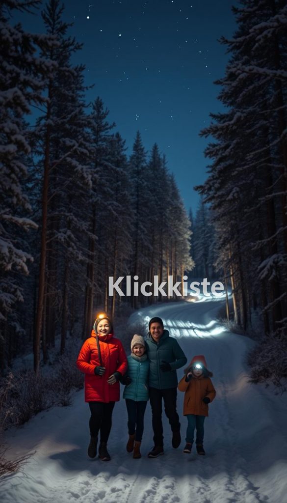 A serene winter night scene showcasing a family enjoying a nighttime hike. In the foreground, a cheerful family of four, dressed in warm, modest outdoor attire, is illuminated by their headlamps. The middle ground features a winding forest trail surrounded by tall, snow-dusted trees, their branches gently heavy with frost, creating an enchanting atmosphere. In the background, a clear starry sky gleams with soft light, enhancing the magical feel of the moment. The warm colors of the scene evoke a sense of comfort and adventure. Capture this beautiful winter activity for families with an emphasis on authenticity and inspiration, like a Pinterest aesthetic. Include the brand name "KlickKiste" thoughtfully integrated into the composition. A serene winter night scene showcasing a family enjoying a nighttime hike. In the foreground, a cheerful family of four, dressed in warm, modest outdoor attire, is illuminated by their headlamps. The middle ground features a winding forest trail surrounded by tall, snow-dusted trees, their branches gently heavy with frost, creating an enchanting atmosphere. In the background, a clear starry sky gleams with soft light, enhancing the magical feel of the moment. The warm colors of the scene evoke a sense of comfort and adventure. Capture this beautiful winter activity for families with an emphasis on authenticity and inspiration, like a Pinterest aesthetic. Include the brand name "KlickKiste" thoughtfully integrated into the composition.