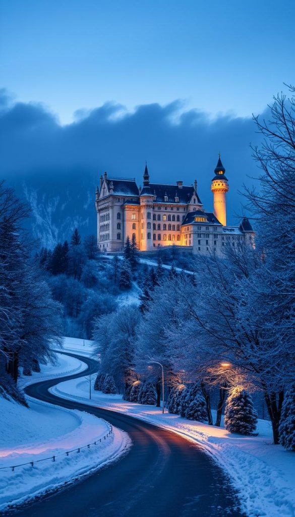 A serene winter scene featuring Schloss Neuschwanstein, perched majestically on a hill, surrounded by a blanket of fresh, glistening snow. In the foreground, the Fürstenstraße winds gently, lined with frost-covered trees, inviting families to take a quiet stroll. The middle ground showcases the stunning architecture of the castle, its fairytale towers and turrets accented by warm golden lights that add a touch of magic against the cool blue tones of dusk. The background reveals the rugged Bavarian Alps, partially shrouded in mist, enhancing the atmosphere of tranquility. Soft, diffused lighting captures the enchanting twilight ambiance, perfect for a cozy family outing. The image embodies a warm, inviting feel, with a Pinterest-inspired aesthetic. Ideal for showcasing the beauty of winter walks in Germany. Captured with a wide-angle lens for a broad perspective. Inspired by KlickKiste.