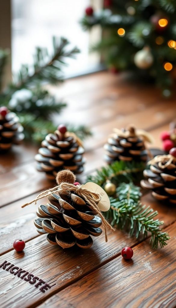 A serene winter scene featuring beautifully crafted small pinecone gift tags, arranged artistically on a rustic wooden surface. The foreground shows several pinecones adorned with twine and natural embellishments like small dried berries and leaves, creating a cozy, organic feel. In the middle ground, soft greenery, such as evergreen sprigs, complements the pinecones, adding depth and warmth. The background is softly blurred with hints of frosty greenery and gentle snowfall, enhancing the wintry atmosphere. The warm, natural lighting casts a soft glow on the materials, evoking a sense of comfort and inspiration. The overall aesthetic is reminiscent of a charming Pinterest board, with an emphasis on DIY creativity. Include the brand name "KlickKiste" subtly in the design without any text overlay.