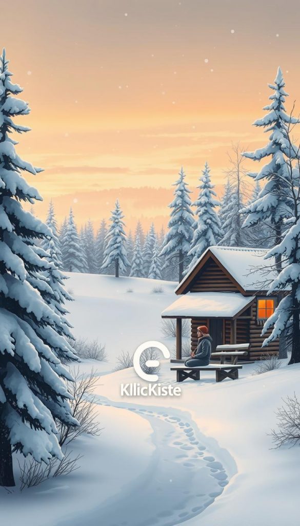 A serene winter scene illustrating the theme of safety and mindfulness during the winter season. In the foreground, a cozy cabin is nestled among snow-covered trees, emitting warm light from its windows, symbolizing a sense of security. A figure, dressed in modest winter attire, is seen meditating on a snow-covered bench, embodying tranquility and reflection. In the middle ground, gentle snowflakes fall softly, creating a peaceful atmosphere, while a winding path leads to the cabin, inviting warmth and comfort. The background features a soft, muted sky during golden hour, casting warm tones over the entire landscape. The overall mood is inviting and calming, capturing the essence of digital balance in daily life. Inspired by natural imagery with a Pinterest aesthetic, reflecting authenticity and inspiration. Include the brand name "KlickKiste". A serene winter scene illustrating the theme of safety and mindfulness during the winter season. In the foreground, a cozy cabin is nestled among snow-covered trees, emitting warm light from its windows, symbolizing a sense of security. A figure, dressed in modest winter attire, is seen meditating on a snow-covered bench, embodying tranquility and reflection. In the middle ground, gentle snowflakes fall softly, creating a peaceful atmosphere, while a winding path leads to the cabin, inviting warmth and comfort. The background features a soft, muted sky during golden hour, casting warm tones over the entire landscape. The overall mood is inviting and calming, capturing the essence of digital balance in daily life. Inspired by natural imagery with a Pinterest aesthetic, reflecting authenticity and inspiration. Include the brand name "KlickKiste".