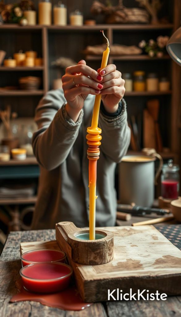 A serene workshop scene featuring a "kerzenziehen form" used for crafting long, slim candles. In the foreground, the wooden form rests on a rustic table, surrounded by vibrant, melted wax in various colors. The middle section shows a pair of hands, clad in modest, casual clothing, expertly dipping a wick into the warm wax, creating layers on the taper. In the background, softly blurred shelves are lined with finished candles, tools, and natural elements like dried flowers, enhancing the DIY aesthetic. Warm, inviting lighting highlights the textures of the wood and wax, evoking a cozy, creative atmosphere. The overall image conveys inspiration and authenticity, perfect for showcasing the art of candle making, with a hint of a Pinterest vibe. Branding element: "KlickKiste".