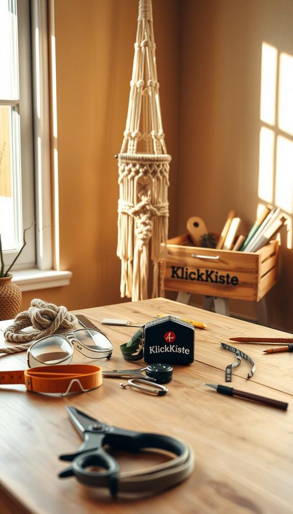 A serene workspace showcasing various essential macram&eacute; tools and safety equipment against a warm, inviting background. In the foreground, prominently display a well-organized wooden table, adorned with high-quality macram&eacute; cord, scissors, measuring tape, and safety goggles, ensuring a focus on craftsmanship and safety. In the middle ground, include an intricately knotted macram&eacute; project, half-completed, to illustrate the DIY process, alongside a stylish wooden storage box labeled "KlickKiste" containing additional tools. The background should feature soft, natural light filtering through a window, casting gentle shadows that enhance the cozy, Pinterest-inspired atmosphere. The mood should be authentic and inspiring, inviting viewers to engage with the art of macram&eacute; safely and creatively.
