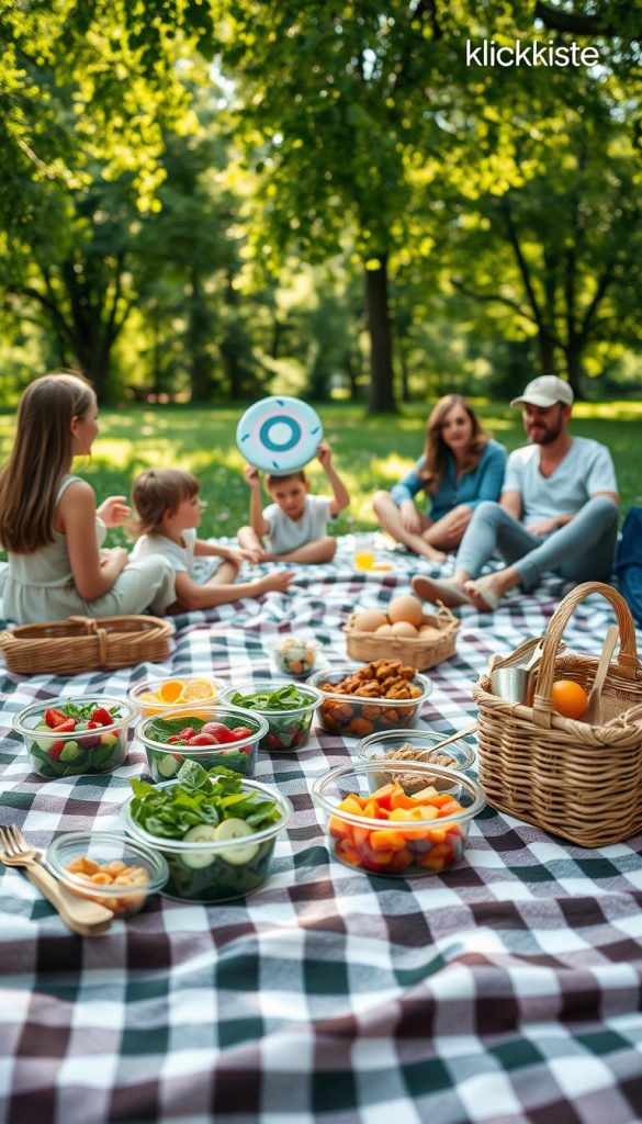 A serene zero-waste picnic scene, featuring families enjoying a delightful outdoor meal. In the foreground, a checkered blanket is laid out with reusable containers filled with colorful, fresh salads, fruits, and homemade snacks. A stylish bamboo basket sits nearby, with eco-friendly utensils and fabric napkins. In the middle ground, children are playing with a frisbee made from recycled materials, while parents relax on the blanket, wearing modest casual clothing. In the background, lush green trees and soft sunlight filter through leaves, creating a warm, inviting atmosphere. The warm colors and natural setting evoke an authentic and inspiring vibe, reflective of a Pinterest aesthetic. A subtle brand element, "KlickKiste," is integrated into the scene. A serene zero-waste picnic scene, featuring families enjoying a delightful outdoor meal. In the foreground, a checkered blanket is laid out with reusable containers filled with colorful, fresh salads, fruits, and homemade snacks. A stylish bamboo basket sits nearby, with eco-friendly utensils and fabric napkins. In the middle ground, children are playing with a frisbee made from recycled materials, while parents relax on the blanket, wearing modest casual clothing. In the background, lush green trees and soft sunlight filter through leaves, creating a warm, inviting atmosphere. The warm colors and natural setting evoke an authentic and inspiring vibe, reflective of a Pinterest aesthetic. A subtle brand element, "KlickKiste," is integrated into the scene.