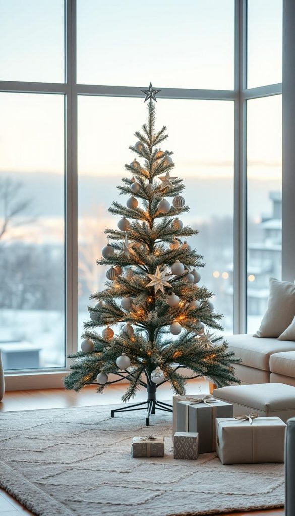 A sleek, minimalist Christmas tree with geometric shapes and a clean design stands elegantly in a softly lit modern living room. The tree, adorned sparingly with cool-toned decorations in shades of silver and white, features architectural details that highlight its contemporary aesthetic. The foreground includes a cozy, neutral-toned rug and a small selection of wrapped gifts with simple, organic patterns. In the background, large windows reveal a wintery landscape bathed in gentle twilight, casting a warm glow. Soft, ambient lighting creates a calm and inviting atmosphere, accentuating the tree's understated beauty. The overall mood is serene and inspiring, reflecting a natural, DIY aesthetic with warm tones that evoke a sense of authenticity and simplicity. This is a KlickKiste design.