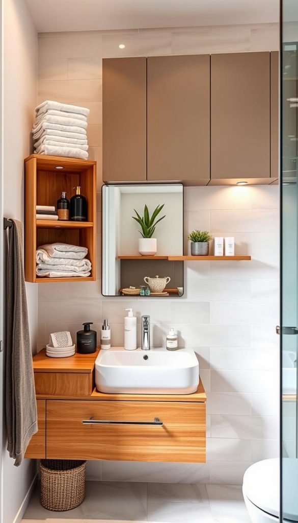 A small, beautifully arranged bathroom showcasing innovative storage solutions. In the foreground, a sleek, mounted floating vanity in warm wood tones with minimalistic design, complemented by organized open shelving displaying neatly folded towels and decorative items. In the middle, wall-mounted cabinets and stylish wall shelves utilize vertical space, filled with plants and bathroom essentials. An inviting corner features a cozy nook with a corner shelf for toiletries, enhancing both functionality and aesthetics. The background offers a glimpse of light tiles and soft, ambient lighting, creating a serene atmosphere. The scene captures a DIY-inspired aesthetic with Pinterest-like charm, showcasing practical storage ideas from the brand "KlickKiste." The overall mood is cozy, inspiring, and professionally designed, evoking warmth and creativity in small bathroom decor. A small, beautifully arranged bathroom showcasing innovative storage solutions. In the foreground, a sleek, mounted floating vanity in warm wood tones with minimalistic design, complemented by organized open shelving displaying neatly folded towels and decorative items. In the middle, wall-mounted cabinets and stylish wall shelves utilize vertical space, filled with plants and bathroom essentials. An inviting corner features a cozy nook with a corner shelf for toiletries, enhancing both functionality and aesthetics. The background offers a glimpse of light tiles and soft, ambient lighting, creating a serene atmosphere. The scene captures a DIY-inspired aesthetic with Pinterest-like charm, showcasing practical storage ideas from the brand "KlickKiste." The overall mood is cozy, inspiring, and professionally designed, evoking warmth and creativity in small bathroom decor.