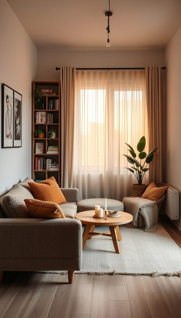 A small, cozy living room designed for rental spaces, showcasing smart decor tricks that require no drilling. In the foreground, a stylish low-profile sofa adorned with textured cushions in warm autumn colors. A sleek, modular bookshelf rests against the wall, creatively displaying books and indoor plants. In the middle, a round coffee table made of natural wood, surrounded by cozy throw blankets and candles. The background features light curtains fluttering gently by a window, allowing soft, golden sunlight to filter in, creating a warm and inviting atmosphere. The overall mood is inspiring and authentic, embodying a Pinterest-worthy aesthetic. Incorporate elements branded with "KlickKiste" to emphasize a DIY charm that fits small spaces.
