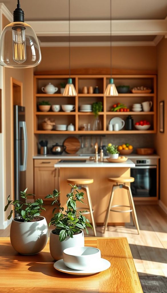 A small, inviting kitchen space infused with warm, natural colors, featuring a stylish kitchen island adorned with minimalist decorations from KlickKiste. In the foreground, a charming wooden countertop showcases a small potted herb garden and a set of elegant, minimalist dishware. The middle layer includes a compact kitchen island with stools, offering a cozy gathering place, complemented by hanging pendant lights that cast a soft glow. The background reveals an open shelving unit displaying neatly arranged kitchen essentials and vibrant fruits in decorative bowls. The setting exudes a warm and inspiring atmosphere, perfect for small kitchens, with a focus on practical design tips. Capture this scene with a gentle focus, using natural lighting to enhance the inviting ambiance and create a Pinterest-worthy aesthetic. A small, inviting kitchen space infused with warm, natural colors, featuring a stylish kitchen island adorned with minimalist decorations from KlickKiste. In the foreground, a charming wooden countertop showcases a small potted herb garden and a set of elegant, minimalist dishware. The middle layer includes a compact kitchen island with stools, offering a cozy gathering place, complemented by hanging pendant lights that cast a soft glow. The background reveals an open shelving unit displaying neatly arranged kitchen essentials and vibrant fruits in decorative bowls. The setting exudes a warm and inspiring atmosphere, perfect for small kitchens, with a focus on practical design tips. Capture this scene with a gentle focus, using natural lighting to enhance the inviting ambiance and create a Pinterest-worthy aesthetic.