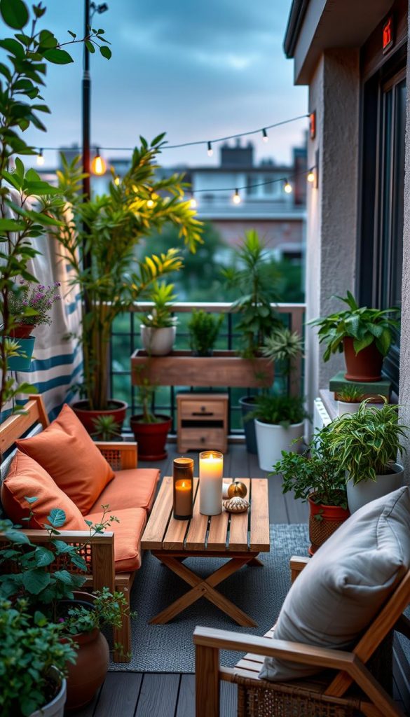 A small, inviting terrace space designed for an apartment, featuring natural wooden furniture and lush greenery. In the foreground, there’s a cozy seating area with comfortable cushions in warm hues, surrounded by potted plants, including small herbs and flowers. In the middle, a stylish table holds decorative items and a lit candle, enhancing the warm atmosphere. The background showcases a softly illuminated balcony railing, with subtle string lights casting a gentle glow as dusk approaches. The image is captured with a wide-angle lens to emphasize the compact yet charming layout, conveying a tranquil and inspiring mood, perfect for a “KlickKiste” DIY outdoor living concept. A small, inviting terrace space designed for an apartment, featuring natural wooden furniture and lush greenery. In the foreground, there’s a cozy seating area with comfortable cushions in warm hues, surrounded by potted plants, including small herbs and flowers. In the middle, a stylish table holds decorative items and a lit candle, enhancing the warm atmosphere. The background showcases a softly illuminated balcony railing, with subtle string lights casting a gentle glow as dusk approaches. The image is captured with a wide-angle lens to emphasize the compact yet charming layout, conveying a tranquil and inspiring mood, perfect for a “KlickKiste” DIY outdoor living concept.
