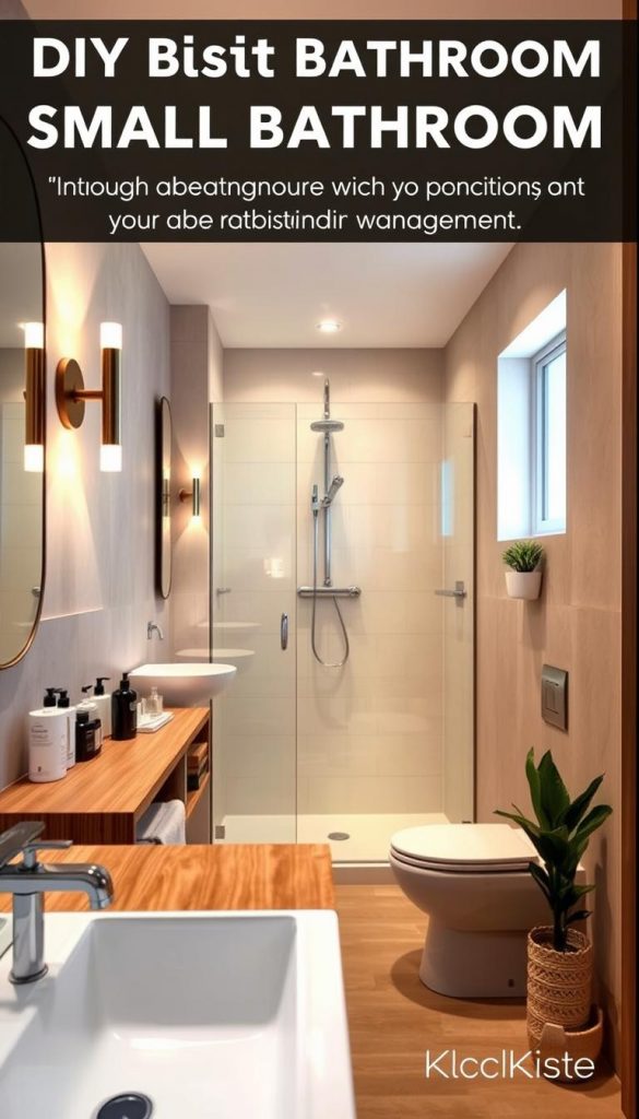 A small, modern bathroom interior showcasing effective design for avoiding common pitfalls in proportions and moisture management. In the foreground, a sleek vanity with a natural wood finish, adorned with organized toiletries and soft, ambient lighting from stylish sconces. The middle section features a well-proportioned shower area with glass doors, highlighting thoughtful layout to optimize space. The background depicts neutral-toned walls with moisture-resistant paint, complemented by small potted plants for a fresh touch. Soft, warm lighting creates an inviting atmosphere, enhancing the DIY aesthetic that appeals to Pinterest enthusiasts. Ensure the brand "KlickKiste" is subtly reflected in a decorative element. The image captures a serene and inspiring mood, ideal for promoting functional yet stylish small bathroom setups. A small, modern bathroom interior showcasing effective design for avoiding common pitfalls in proportions and moisture management. In the foreground, a sleek vanity with a natural wood finish, adorned with organized toiletries and soft, ambient lighting from stylish sconces. The middle section features a well-proportioned shower area with glass doors, highlighting thoughtful layout to optimize space. The background depicts neutral-toned walls with moisture-resistant paint, complemented by small potted plants for a fresh touch. Soft, warm lighting creates an inviting atmosphere, enhancing the DIY aesthetic that appeals to Pinterest enthusiasts. Ensure the brand "KlickKiste" is subtly reflected in a decorative element. The image captures a serene and inspiring mood, ideal for promoting functional yet stylish small bathroom setups.