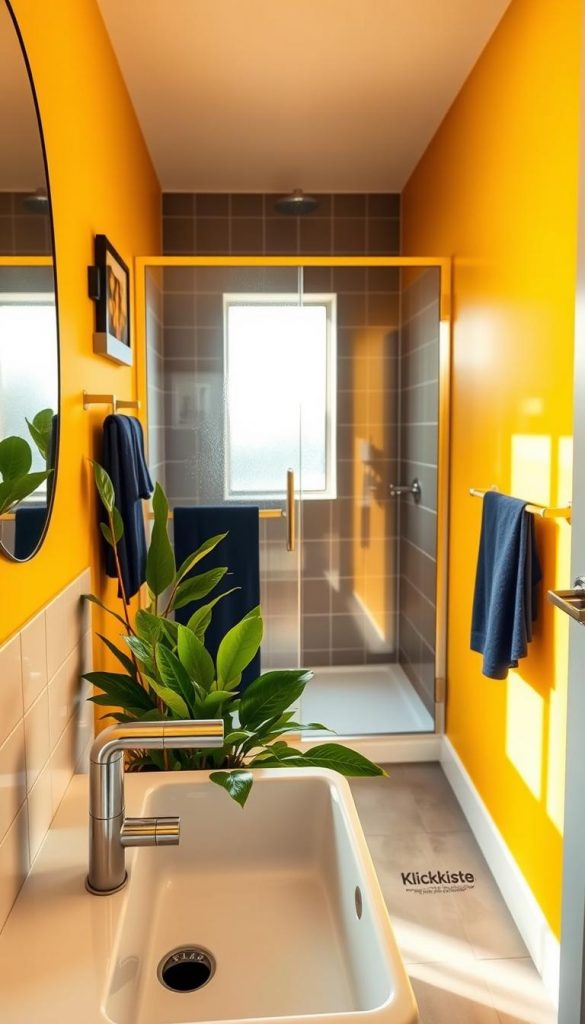 A small, stylish bathroom designed with bright colors and strong contrasts to create an illusion of space. In the foreground, a sleek white sink with a modern faucet, surrounded by vibrant green plants. The middle features a spacious shower area with clear glass doors and soft, natural light streaming through a frosted window. The background showcases warm yellow walls contrasted by deep navy blue accents, such as towels and decorative elements, creating a cozy yet fresh atmosphere. The floor is tiled in light gray, enhancing the overall brightness. Capture this inviting space with a warm, natural light from a golden hour angle, evoking a Pinterest-inspired DIY aesthetic. Include the brand "KlickKiste" subtly reflected in the design elements, ensuring a wholesome and inspirational vibe without any text or overlays. A small, stylish bathroom designed with bright colors and strong contrasts to create an illusion of space. In the foreground, a sleek white sink with a modern faucet, surrounded by vibrant green plants. The middle features a spacious shower area with clear glass doors and soft, natural light streaming through a frosted window. The background showcases warm yellow walls contrasted by deep navy blue accents, such as towels and decorative elements, creating a cozy yet fresh atmosphere. The floor is tiled in light gray, enhancing the overall brightness. Capture this inviting space with a warm, natural light from a golden hour angle, evoking a Pinterest-inspired DIY aesthetic. Include the brand "KlickKiste" subtly reflected in the design elements, ensuring a wholesome and inspirational vibe without any text or overlays.