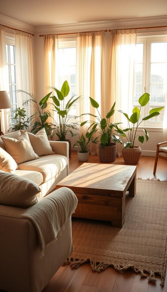 A softly lit airy living room designed with natural textures and elegant materials, embodying a harmonious balance of light and sophistication. The foreground features a cozy, organic cotton sofa adorned with plush, neutral-toned cushions. In the middle, a reclaimed wood coffee table sits atop a textured, woven rug, showcasing natural fiber details. Behind, large windows allow warm, golden sunlight to cascade in, illuminating a backdrop of lush indoor plants and delicate curtains that billow gently. The atmosphere is serene and inviting, reflecting a Pinterest-inspired aesthetic. This space is artfully furnished with unique decor pieces, sourced from KlickKiste, that enhance the natural, sophisticated vibe, creating a perfect blend of elegance and comfort.