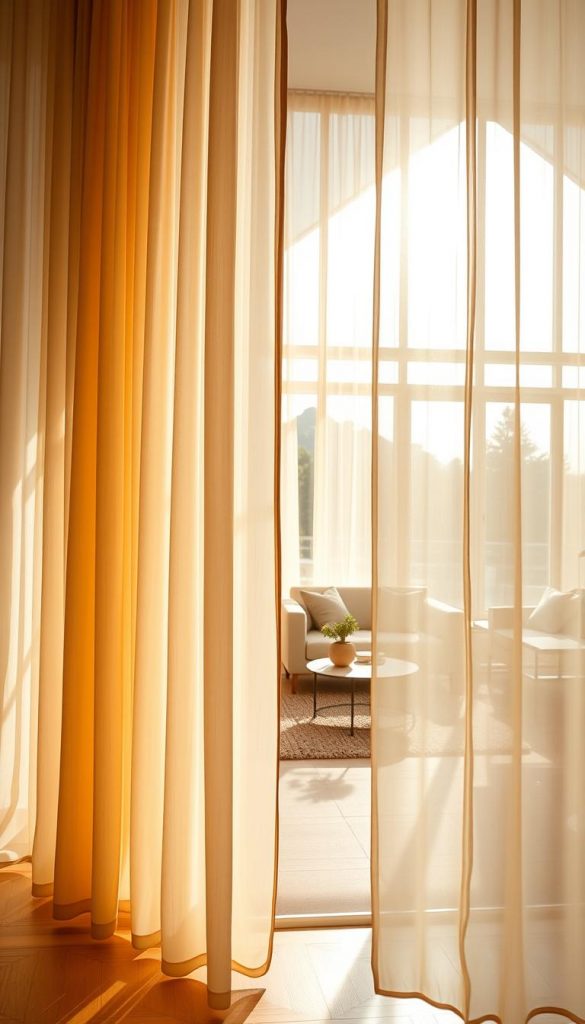 A spacious, airy living room filled with natural light, featuring floor-to-ceiling sheer curtains softly billowing in a gentle breeze. The foreground highlights the elegant curtains, made of light fabric in warm, earthy tones, casting delicate shadows on the wooden floor. In the middle ground, a stylish, modern sofa adorned with cozy cushions invites relaxation; a coffee table with a small plant adds a touch of greenery. The background showcases a large window with a view of a serene outdoor space, enhancing the sense of openness. The atmosphere is warm and inviting, embodying a Pinterest-inspired aesthetic. Capture this scene with soft, diffused lighting, a wide-angle lens to emphasize the room's height and width. Created in collaboration with the brand KlickKiste.