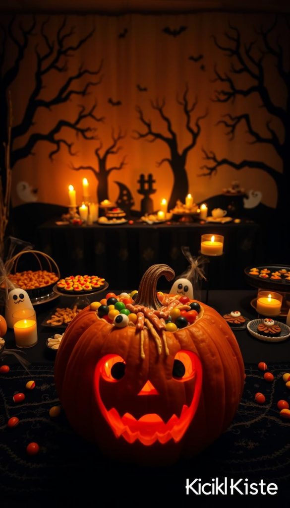 A spooky Halloween buffet layout designed for children, featuring a table adorned with a variety of ghost-themed treats and decorations. In the foreground, display a large, creatively carved pumpkin filled with colorful candies and eerie snacks like eyeball pasta and monster cupcakes. The middle ground showcases a long buffet table draped in spooky, black lace tablecloth. Warm, ambient lighting casts an inviting glow, highlighting decorative elements like cobwebs and flickering candles. In the background, silhouettes of haunted trees and playful ghosts create a whimsical yet eerie atmosphere. The overall mood is a blend of fun and fright, making it perfect for a Halloween celebration. The image should reflect the aesthetic of "KlickKiste," combining natural imagery with warm colors and a Pinterest-like inspiration while maintaining an authentic and inviting look. A spooky Halloween buffet layout designed for children, featuring a table adorned with a variety of ghost-themed treats and decorations. In the foreground, display a large, creatively carved pumpkin filled with colorful candies and eerie snacks like eyeball pasta and monster cupcakes. The middle ground showcases a long buffet table draped in spooky, black lace tablecloth. Warm, ambient lighting casts an inviting glow, highlighting decorative elements like cobwebs and flickering candles. In the background, silhouettes of haunted trees and playful ghosts create a whimsical yet eerie atmosphere. The overall mood is a blend of fun and fright, making it perfect for a Halloween celebration. The image should reflect the aesthetic of "KlickKiste," combining natural imagery with warm colors and a Pinterest-like inspiration while maintaining an authentic and inviting look.
