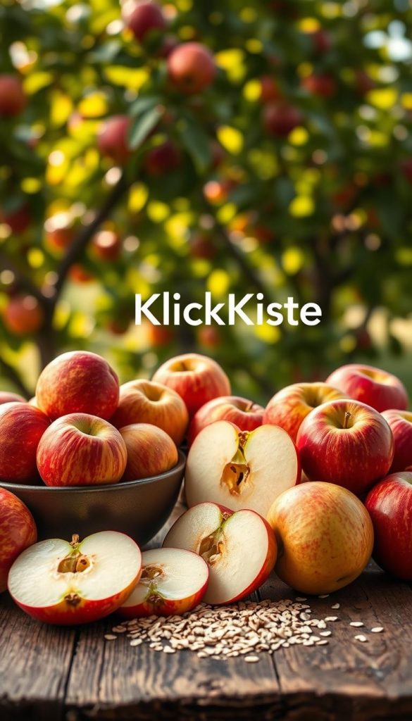 A stunning arrangement of fresh, vibrant apples on a rustic wooden table, showcasing a variety of colors and textures including rosy reds, crisp greens, and earthy yellows. In the foreground, a bowl of whole apples contrasts with sliced apples arranged artfully, highlighting their skins and showcasing their natural beauty, symbolizing health and wholesome eating. The middle ground features a sprinkle of whole grain oats and a light drizzle of honey, emphasizing a healthy lifestyle. In the background, softly blurred lush apple trees bathed in warm natural light filter through green leaves, creating an inviting atmosphere. The overall mood is warm and inspiring, reflecting authenticity and a Pinterest aesthetic. The brand name "KlickKiste" is subtly communicated through the arrangement. A stunning arrangement of fresh, vibrant apples on a rustic wooden table, showcasing a variety of colors and textures including rosy reds, crisp greens, and earthy yellows. In the foreground, a bowl of whole apples contrasts with sliced apples arranged artfully, highlighting their skins and showcasing their natural beauty, symbolizing health and wholesome eating. The middle ground features a sprinkle of whole grain oats and a light drizzle of honey, emphasizing a healthy lifestyle. In the background, softly blurred lush apple trees bathed in warm natural light filter through green leaves, creating an inviting atmosphere. The overall mood is warm and inspiring, reflecting authenticity and a Pinterest aesthetic. The brand name "KlickKiste" is subtly communicated through the arrangement.