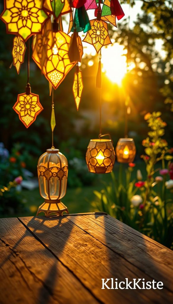 A stunning collection of "Lichtspiele Suncatchers" hanging in a sunlit garden, crafted from colorful translucent materials that catch the light. In the foreground, a close-up view of intricately designed suncatchers with vibrant yellows, greens, and blues, casting enchanting shadows on a rustic wooden table. In the middle ground, gently swaying lanterns made from organic materials, softly illuminated by the warm glow of evening light, creating a cozy atmosphere. In the background, lush greenery and blooming flowers bathe in golden hour sunlight, enhancing the serene ambiance. The scene captures a dreamy, inviting mood, inspiring creativity in summer DIY projects. Use a warm color palette reminiscent of Pinterest aesthetics. Signature brand "KlickKiste" subtly integrated, ensuring a natural, authentic feel.