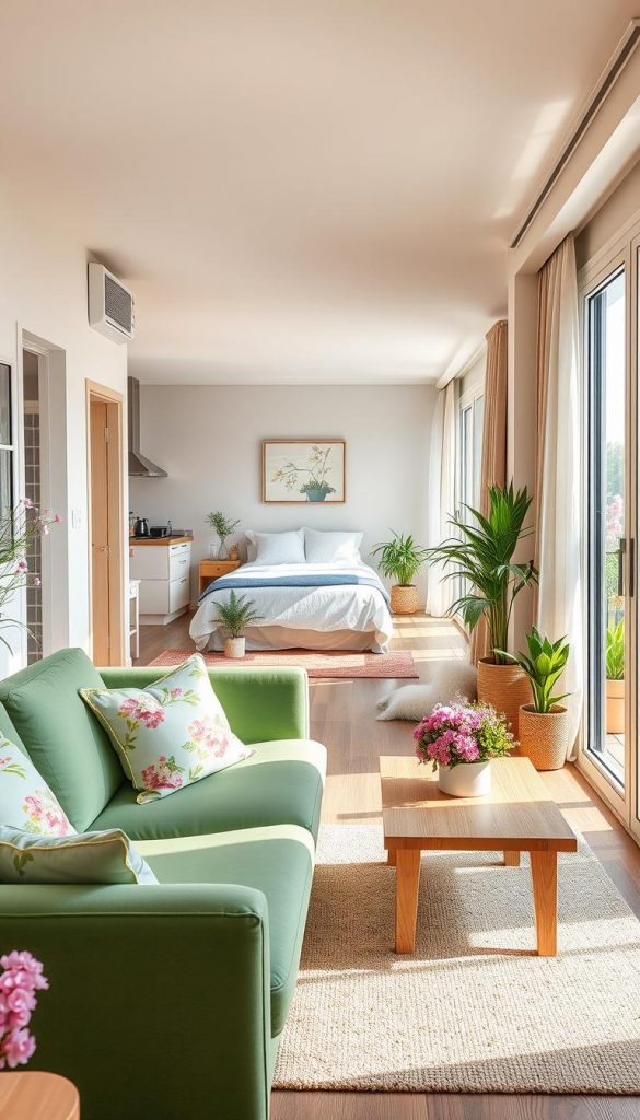 A stunning interior scene showcasing a cozy and stylish combination of a living room, bedroom, kitchen, hallway, and balcony, all designed with fresh spring colors. In the foreground, a beautifully arranged living room with a soft green sofa, vibrant floral cushions, and a light wooden coffee table adorned with plants. The middle section features a serene bedroom with pastel-colored bedding and airy curtains. To the side, an inviting kitchen showcases modern appliances and a sunlit dining area, while the hallway connects to a picturesque balcony overflowing with blooming flowers and comfortable seating. The overall mood is warm and inspiring, evoking a DIY, Pinterest-worthy aesthetic. Natural soft lighting floods the space, creating a joyful ambiance that resonates with the spring color trends. The image reflects the essence of "KlickKiste," promoting authentic and creative interior spaces.