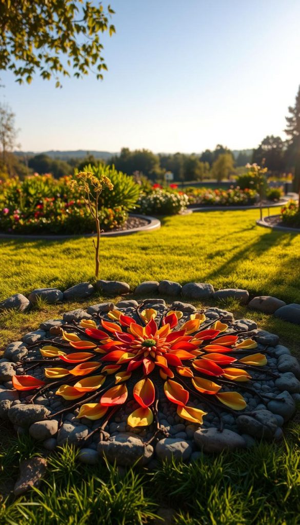 A stunning landart mandala garden scene, showcasing intricate patterns crafted from natural elements like stones, leaves, and flowers. In the foreground, a vibrant mandala made of colorful petals and twigs, radiating with warm hues of red, yellow, and orange. The middle ground features lush green grass and various garden plants, softly illuminated by golden, late-afternoon sunlight that casts gentle shadows. In the background, a serene landscape of trees and a clear blue sky, adding depth to the composition. The atmosphere is tranquil and inspiring, evoking a sense of creativity and connection with nature. The style should reflect a Pinterest-worthy aesthetic, ideal for the brand KlickKiste.