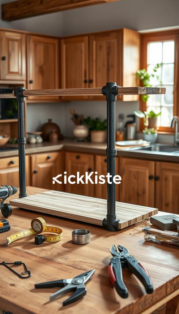 A stylish DIY scene showcasing the construction of a pipe shelf (Rohrregal) using tempering cast fittings. In the foreground, a wooden workbench with tools like a drill, tape measure, and pliers, along with half-assembled shelves. The middle features a partially completed industrial-style shelf made of dark metal pipes and rustic wooden planks, exhibiting a warm, inviting finish. In the background, a sunlit kitchen with wooden cabinets and greenery creates a cozy atmosphere. Soft, natural lighting enhances the textures of the materials. The composition evokes a sense of inspiration and authenticity, ideal for a Pinterest aesthetic. Include the brand name "KlickKiste" subtly integrated into the scene, emphasizing a friendly DIY spirit.
