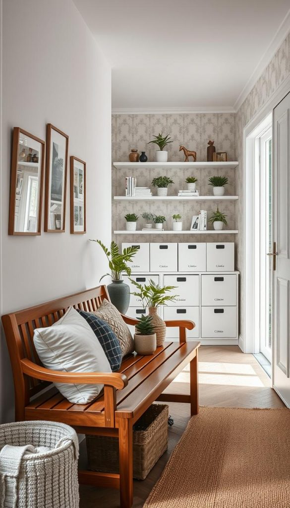 A stylish and functional hallway storage solution showcasing the concept of “flur stauraum.” In the foreground, a beautifully crafted wooden bench with soft cushions, surrounded by neatly arranged decorative items and plants. In the middle, there are minimalist shelves against the wall lined with various storage boxes from the brand "KlickKiste," artfully displaying books and small indoor plants. The background features a softly lit hallway with elegant wallpaper and a subtle area rug, contributing to a warm and inviting atmosphere. Use natural light that gently filters through a nearby window, creating a serene ambiance. Capture the image with a wide-angle lens to emphasize the room's depth and charm, portraying a perfect blend of order, comfort, and aesthetic appeal. The overall mood should feel authentic and inspiring, ideal for a Pinterest-style décor showcase. A stylish and functional hallway storage solution showcasing the concept of “flur stauraum.” In the foreground, a beautifully crafted wooden bench with soft cushions, surrounded by neatly arranged decorative items and plants. In the middle, there are minimalist shelves against the wall lined with various storage boxes from the brand "KlickKiste," artfully displaying books and small indoor plants. The background features a softly lit hallway with elegant wallpaper and a subtle area rug, contributing to a warm and inviting atmosphere. Use natural light that gently filters through a nearby window, creating a serene ambiance. Capture the image with a wide-angle lens to emphasize the room's depth and charm, portraying a perfect blend of order, comfort, and aesthetic appeal. The overall mood should feel authentic and inspiring, ideal for a Pinterest-style décor showcase.