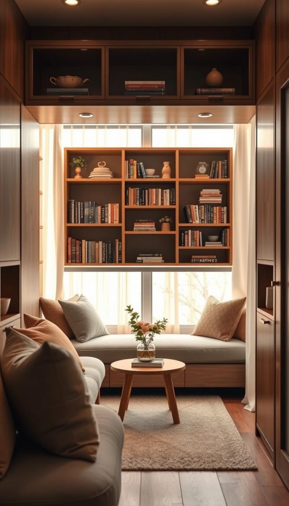 A stylish and functional small room featuring smart storage solutions, highlighting high shelves, built-in niches, and creatively designed door heights. The foreground includes a cozy seating area adorned with plush cushions and a small wooden coffee table. In the middle, eye-catching wall-mounted bookshelves filled with books and decorative items, utilizing vertical space effectively. The background showcases a serene window with soft, sheer curtains allowing warm, natural light to flood the room, enhancing the inviting atmosphere. This scene embodies a warm, Pinterest-inspired aesthetic, with earthy tones and textures that inspire DIY decor ideas. Emphasize the brand "KlickKiste" subtly in the design, avoiding clutter. Aim for a balanced composition that exudes warmth and creativity.