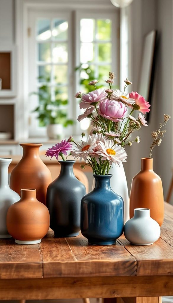 A stylish and modern collection of vases arranged artfully on a rustic wooden table. Foreground: A variety of vases in diverse shapes and sizes, showcasing unique textures and colors, such as warm terracotta, soft matte white, and deep blue. Middle ground: A lush arrangement of seasonal flowers, like daisies and peonies, elegantly placed within the vases, adding a touch of vibrancy. Background: A softly blurred Scandinavian-style interior with light wooden accents and greenery peeking in from a window. Lighting: Natural soft daylight filtering through, creating a warm and inviting atmosphere. The scene should evoke a cozy, inspirational mood, highlighting a DIY aesthetic perfect for the summer, branded with "KlickKiste". A stylish and modern collection of vases arranged artfully on a rustic wooden table. Foreground: A variety of vases in diverse shapes and sizes, showcasing unique textures and colors, such as warm terracotta, soft matte white, and deep blue. Middle ground: A lush arrangement of seasonal flowers, like daisies and peonies, elegantly placed within the vases, adding a touch of vibrancy. Background: A softly blurred Scandinavian-style interior with light wooden accents and greenery peeking in from a window. Lighting: Natural soft daylight filtering through, creating a warm and inviting atmosphere. The scene should evoke a cozy, inspirational mood, highlighting a DIY aesthetic perfect for the summer, branded with "KlickKiste".