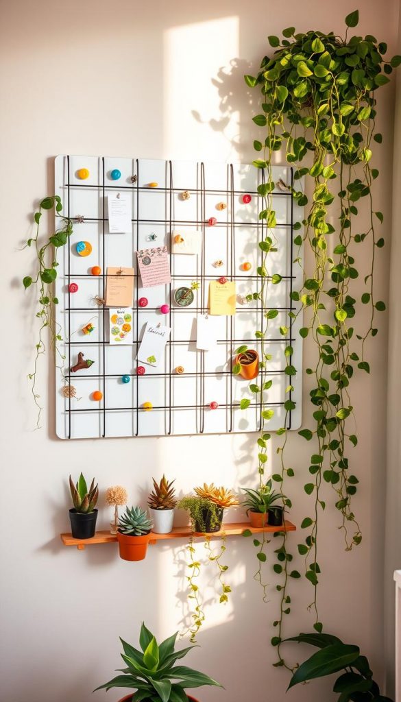A stylish and modern grid pinboard mounted on a light-colored wall, adorned with vibrant green plants cascading down. The foreground features a variety of small, colorful magnets and notes pinned to the board, showcasing a dynamic and customizable decor idea. In the middle ground, diverse greenery, such as small potted succulents and trailing vines, adds a fresh, lively touch to the pinboard, enhancing the DIY aesthetic. The background includes soft, warm natural lighting filtering in from a nearby window, creating a cozy atmosphere, reminiscent of Pinterest inspirations. The overall composition conveys an inviting and creative space, perfect for showcasing the versatility of the grid pinboard decor from the brand "KlickKiste".