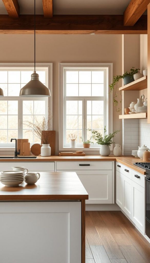 A stylish and modern kitchen with a harmonious blend of design elements, showcasing the concept of "Stil Mix" through a balance of lines, rhythm, and repetition. The foreground features a sleek kitchen island with natural wood and white cabinetry, adorned with carefully arranged artisanal kitchenware. In the middle ground, large windows flood the space with warm, natural light, illuminating the soft, warm color palette of creamy whites and muted earth tones. The background displays an open shelving unit displaying greenery and decorative ceramics, enhancing the inviting atmosphere. Emphasize a Pinterest-inspired aesthetic with authentic DIY touches, creating a cozy yet polished look. Capture the essence of the brand "KlickKiste" by incorporating unique, handmade decor elements in this charming kitchen setting.