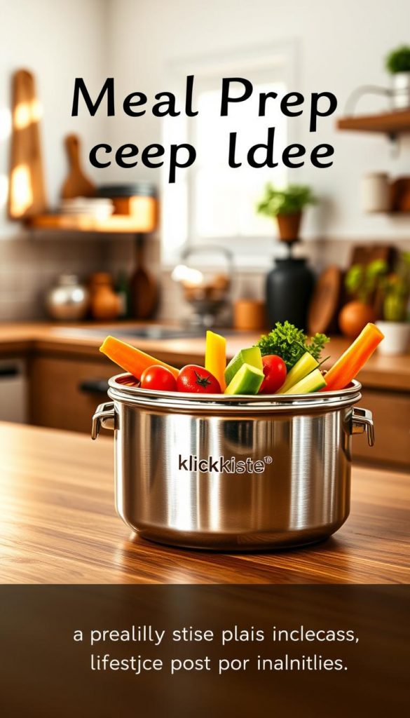 A stylish and modern stainless steel container, branded with "KlickKiste," elegantly placed on a wooden kitchen countertop. The foreground features the shiny container, partially open to reveal colorful, healthy food items like vibrant carrots, cherry tomatoes, and fresh cucumber sticks. In the middle ground, a sunlit kitchen with natural light filtering through a window accentuates the warm colors of the food and the rustic charm of the wooden counter. The background showcases neatly organized kitchen utensils and a small indoor plant, adding a cozy, inviting atmosphere. The image conveys an inspirational feel, perfect for meal prep ideas, with soft focus on the container for an artistic touch, emphasizing a practical, healthy lifestyle for families. A stylish and modern stainless steel container, branded with "KlickKiste," elegantly placed on a wooden kitchen countertop. The foreground features the shiny container, partially open to reveal colorful, healthy food items like vibrant carrots, cherry tomatoes, and fresh cucumber sticks. In the middle ground, a sunlit kitchen with natural light filtering through a window accentuates the warm colors of the food and the rustic charm of the wooden counter. The background showcases neatly organized kitchen utensils and a small indoor plant, adding a cozy, inviting atmosphere. The image conveys an inspirational feel, perfect for meal prep ideas, with soft focus on the container for an artistic touch, emphasizing a practical, healthy lifestyle for families.