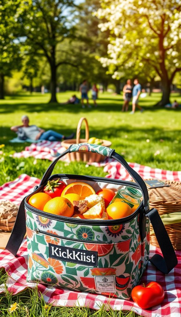 A stylish and practical "Kühl Tasche" (cooler bag) from the brand KlickKiste, prominently displayed in the foreground, filled with colorful, healthy lunch items like fruits, sandwiches, and drinks. The cooler bag features a vibrant design with a modern pattern and sturdy handles. In the middle ground, a picnic setup is visible, with a beautifully arranged picnic blanket and a wicker basket, surrounded by lush green grass and blossoming flowers. The background showcases a sunny park scene with trees and families enjoying their day. The lighting is bright and warm, evoking a cheerful, inviting atmosphere typical of a summer picnic. The composition should embody a natural, Pinterest-worthy aesthetic, emphasizing authenticity and inspiration. A stylish and practical "Kühl Tasche" (cooler bag) from the brand KlickKiste, prominently displayed in the foreground, filled with colorful, healthy lunch items like fruits, sandwiches, and drinks. The cooler bag features a vibrant design with a modern pattern and sturdy handles. In the middle ground, a picnic setup is visible, with a beautifully arranged picnic blanket and a wicker basket, surrounded by lush green grass and blossoming flowers. The background showcases a sunny park scene with trees and families enjoying their day. The lighting is bright and warm, evoking a cheerful, inviting atmosphere typical of a summer picnic. The composition should embody a natural, Pinterest-worthy aesthetic, emphasizing authenticity and inspiration.
