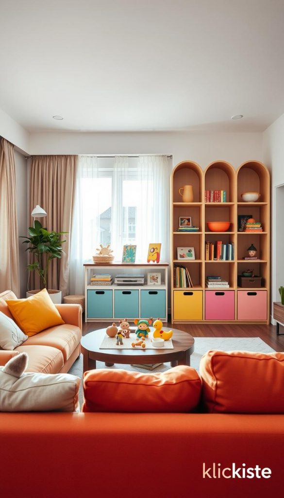 A stylish and safe living room designed for children, featuring soft, child-friendly furniture in warm, inviting colors. In the foreground, a cozy area with plush cushions and a low coffee table, adorned with engaging toys. In the middle, a secure bookshelf with rounded edges and colorful storage bins, showcasing children's books and art supplies. The background displays a sunlit window draped with playful yet elegant curtains. The room is decorated with artful child-proof devices, like corner guards and outlet covers that blend seamlessly into the decor. The atmosphere is cheerful and inspiring, reflecting a Pinterest-worthy aesthetic. The brand name "KlickKiste" subtly integrated into decor elements. Soft, natural lighting creates a warm ambiance, capturing the essence of a safe yet stylish child-friendly space.