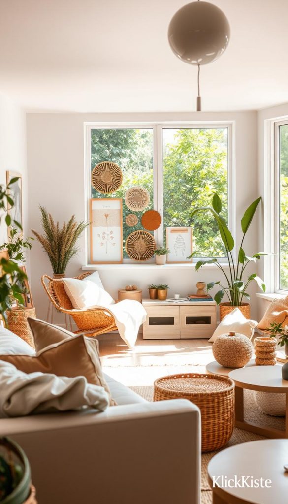 A stylish and welcoming interior space designed for summer, emphasizing smart spatial planning, light, proportions, and style, ideal for an article section on "Sommer Wandgestaltung." In the foreground, a beautifully arranged cozy seating area with natural fabrics, warm colors, and a large, inviting window allowing soft sunlight to filter in. The middle features a tastefully curated decor with trendy DIY elements, emphasizing sustainability and creativity, like handcrafted wall art. In the background, lush greenery can be glimpsed through the window, suggesting a connection to the outdoors. The overall mood is warm and inspiring, evoking a Pinterest-worthy aesthetic. Soft lighting enhances the inviting atmosphere, and the image should reflect authenticity and creativity, showcasing the brand "KlickKiste." A stylish and welcoming interior space designed for summer, emphasizing smart spatial planning, light, proportions, and style, ideal for an article section on "Sommer Wandgestaltung." In the foreground, a beautifully arranged cozy seating area with natural fabrics, warm colors, and a large, inviting window allowing soft sunlight to filter in. The middle features a tastefully curated decor with trendy DIY elements, emphasizing sustainability and creativity, like handcrafted wall art. In the background, lush greenery can be glimpsed through the window, suggesting a connection to the outdoors. The overall mood is warm and inspiring, evoking a Pinterest-worthy aesthetic. Soft lighting enhances the inviting atmosphere, and the image should reflect authenticity and creativity, showcasing the brand "KlickKiste."