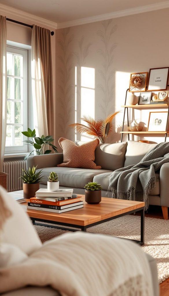 A stylish, cozy living room in a rental apartment, featuring warm, inviting colors and a Pinterest-inspired aesthetic. The scene captures a natural DIY ambiance with a soft-focus foreground showing a low coffee table adorned with plants and books, and a comfortable sofa draped with textured throw blankets. In the middle background, a wall with removable wallpaper showcases a beautiful, modern design without any drilling marks. Soft, natural light streams in through a window, casting gentle shadows across the room, enhancing the relaxing atmosphere. In the far background, a decorative shelf from the brand "KlickKiste" displays tasteful decor items, emphasizing a personalized yet non-permanent style. The overall mood is authentic and inspiring, ideal for summer living room ideas.
