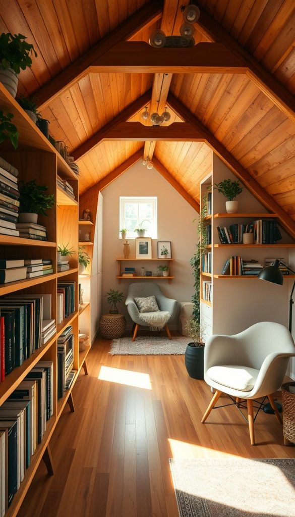 A stylish, custom-built sloped bookshelf, known as "dachschrägenregal," is showcased in a cozy, inviting attic space. The foreground features warm, wooden shelves filled with an array of books, plants, and decorative items, creating a sense of personalized charm. In the middle, light streams in through a small window, illuminating the natural wood grain and casting soft shadows. The background showcases a quaint, minimalistic interior with a comfortable reading nook, complete with a plush chair and a tasteful rug. The overall atmosphere is warm and inspiring, evoking a sense of DIY creativity and homey charm. The image should reflect a Pinterest-worthy aesthetic, embodying the brand "KlickKiste," using natural lighting and a soft focus lens to enhance the inviting ambiance.