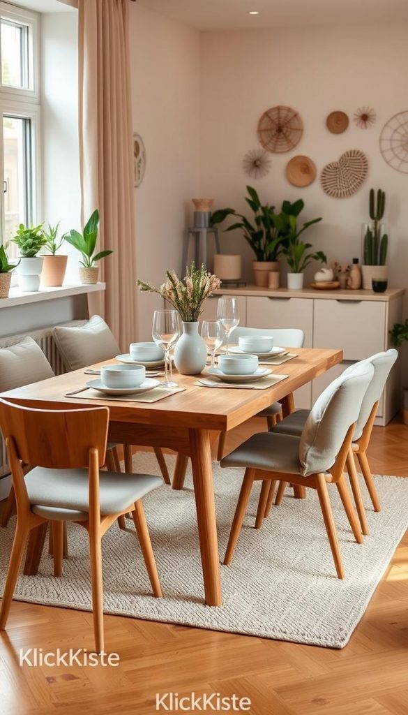 A stylish dining room suitable for a rental apartment, featuring a cozy, inviting atmosphere. In the foreground, a modern wooden dining table set for four with natural wood tones and elegant place settings, including ceramic dishware and soft linen napkins. The middle ground reveals a charming rug beneath the table, surrounded by comfortable chairs, enhanced by soft throw pillows. The background showcases a softly lit space, with potted plants on a windowsill and tasteful wall decorations that reflect a DIY aesthetic. Warm, ambient lighting creates a homely vibe, ideal for gatherings, complemented by a Pinterest-worthy layout. The branding "KlickKiste" can be subtly included in decor elements. Shot with a warm color palette, capturing a natural, authentic look.