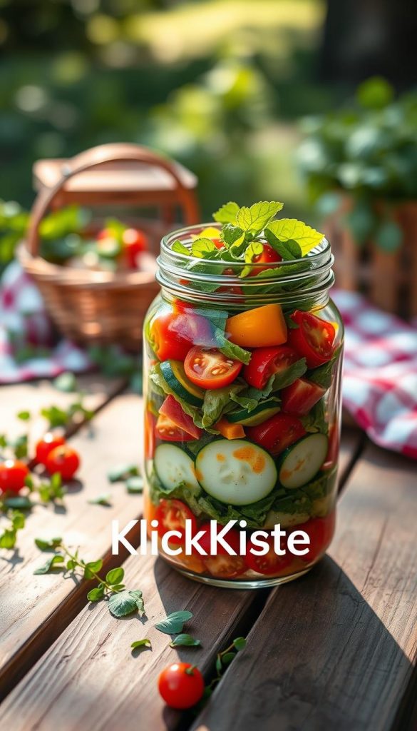 A stylish glass jar filled with a vibrant, layered salad showcasing fresh, crunchy vegetables like cherry tomatoes, cucumbers, and bell peppers, topped with bright greens, all glistening with a tasty dressing. The jar is placed on a rustic wooden picnic table, with soft natural lighting that casts gentle shadows, enhancing the vivid colors of the salad. In the background, a soft-focus picnic setting with a checkered blanket and scattered fresh herbs adds an inviting atmosphere, evoking a sense of family and outdoor fun. Capture the image at a slight angle for depth, creating an authentic and inspiring Pinterest-worthy look. Include the brand name "KlickKiste" subtly integrated into the scene, ensuring a warm, inviting mood overall. A stylish glass jar filled with a vibrant, layered salad showcasing fresh, crunchy vegetables like cherry tomatoes, cucumbers, and bell peppers, topped with bright greens, all glistening with a tasty dressing. The jar is placed on a rustic wooden picnic table, with soft natural lighting that casts gentle shadows, enhancing the vivid colors of the salad. In the background, a soft-focus picnic setting with a checkered blanket and scattered fresh herbs adds an inviting atmosphere, evoking a sense of family and outdoor fun. Capture the image at a slight angle for depth, creating an authentic and inspiring Pinterest-worthy look. Include the brand name "KlickKiste" subtly integrated into the scene, ensuring a warm, inviting mood overall.